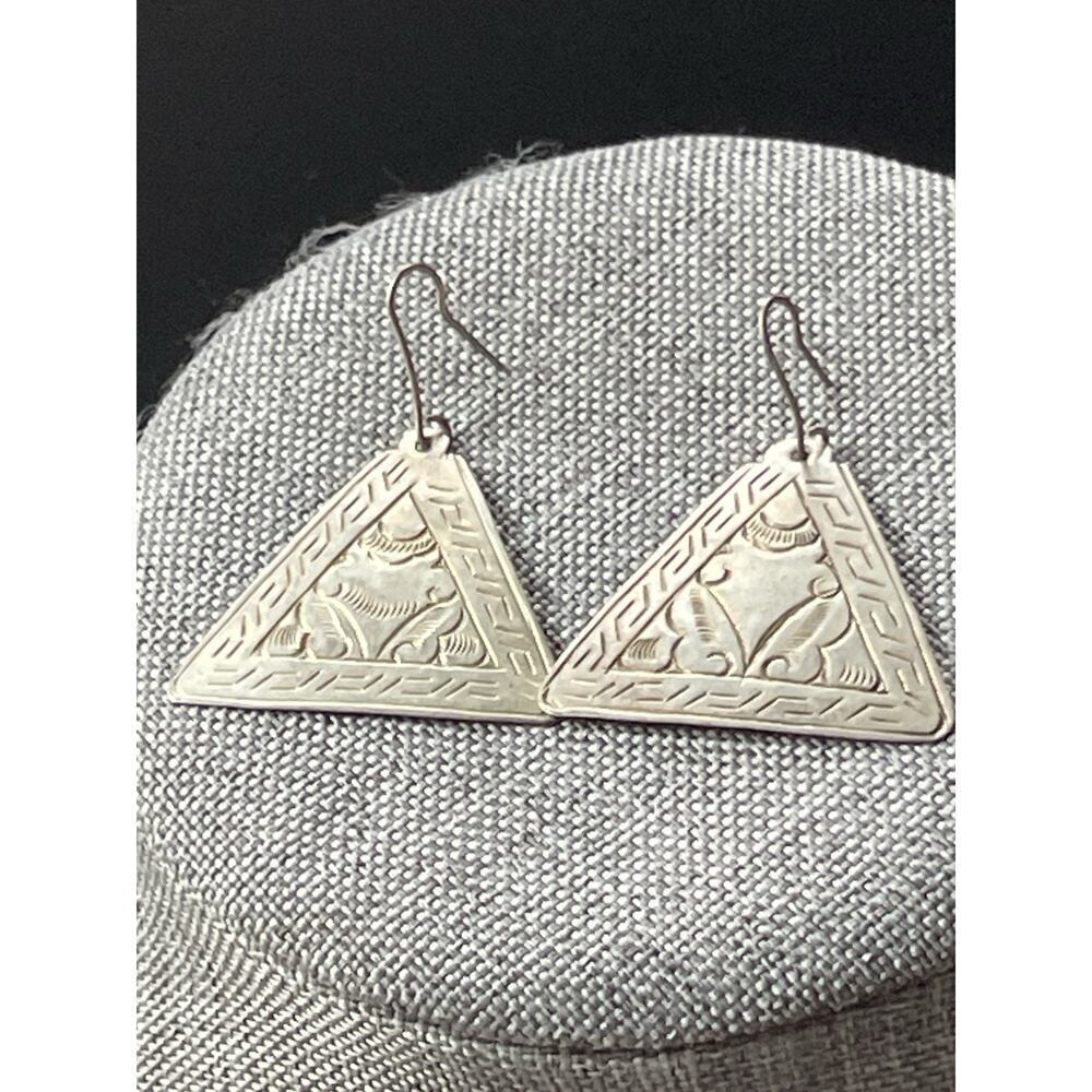 Tribal Earrings Pierced Southwestern Silver Tone Geometric Handcrafted Etched